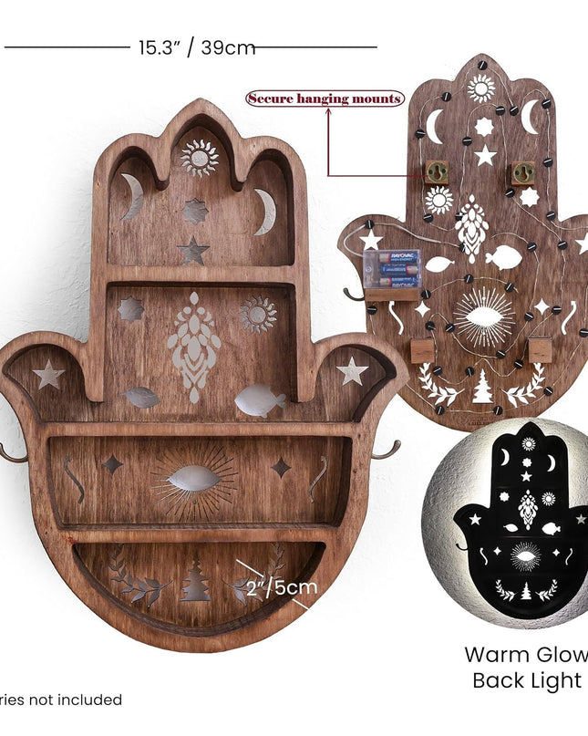 TAMIM CRAFTS Wooden Hamsa Shelf for Crystals- Large 20 Inch Crystal Display Shelf for Stones, Crystal Holder Shelf, Essential Oil Display, Hand Crystal Shelf for Room Decor, Hamsa Wall Décor