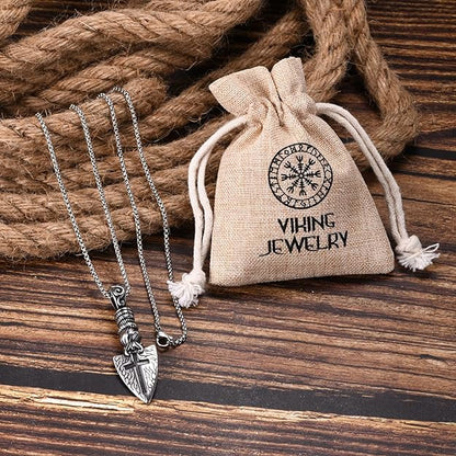 MEALGUET Viking Necklace for Men : Stainless Steel Solid Cool Norse Celtic Knots Compass Viking Horn Pendant Necklace, Amulet Jewelry with Viking Gift Bag for Men