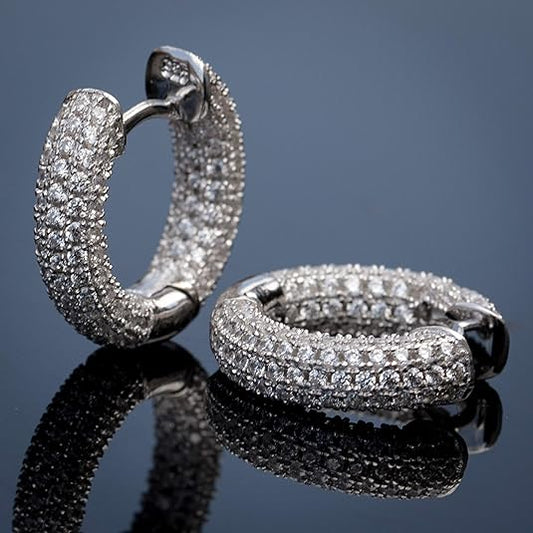 Fully Iced Cz White Gold Plated Sterling Silver 3D Honey Comb Set Hoop Earrings