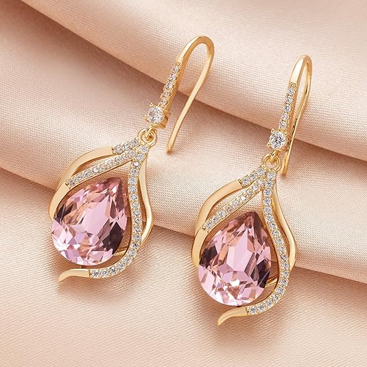 Austrian Crystal Hollow Teardrop Halo Drop Twisted Dangle Earrings for Women 14K Rose Gold Plated Hypoallergenic Jewelry