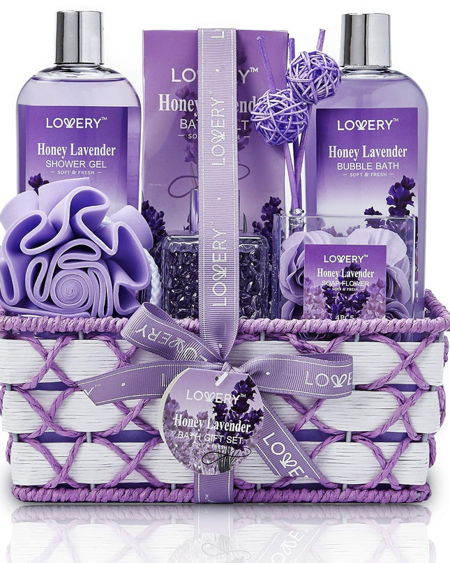Christmas Gifts, Bath and Body Gift Basket For Women and Men, Honey Lavender Home Spa Set with Essential Oil Diffuser, Soap Flowers, Bath Salts, Bubble Bath and More - 13 Pc Set Presents for Mom