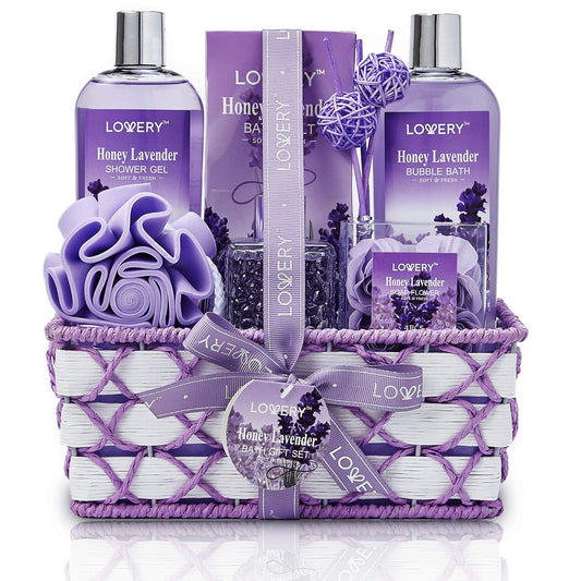 Christmas Gifts, Bath and Body Gift Basket For Women and Men, Honey Lavender Home Spa Set with Essential Oil Diffuser, Soap Flowers, Bath Salts, Bubble Bath and More - 13 Pc Set Presents for Mom