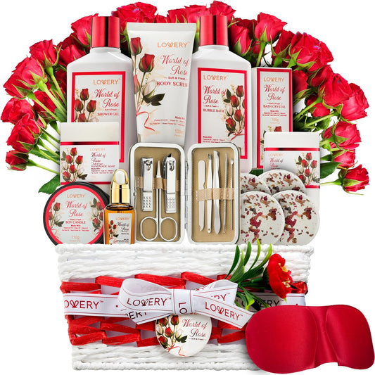 Christmas Gifts, Spa Gifts for Women, Bath and Body Gift Set, Red Rose Gift Basket, 35 Piece Stress Relief Spa Kit, Thank You, Birthday, Mom - Nail Care Kit, Body Scrub, Bubble Bath, Bath Bomb & More