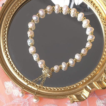 Cowlyn Pearl Bracelet Chain Link Baroque Culture Bossimi 14K Gold Filled Adjustable Fashion Valentine Charm Dainty Handmade Jewelry for Women Wife Girls Mother