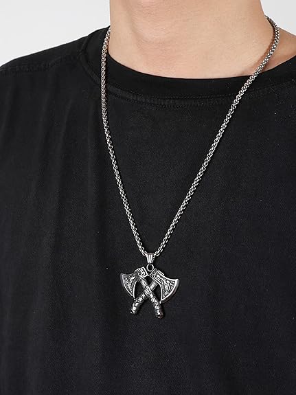HAQUIL Viking Battle Axe Necklace, Norse Wolf Raven Axe Amulet Pendant, Viking Jewelry Gift for Men