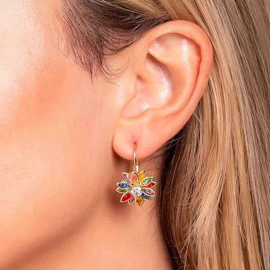 Barzel 18K Gold Plated Flower Earrings - Colorful Lotus Flower Earrings For Women