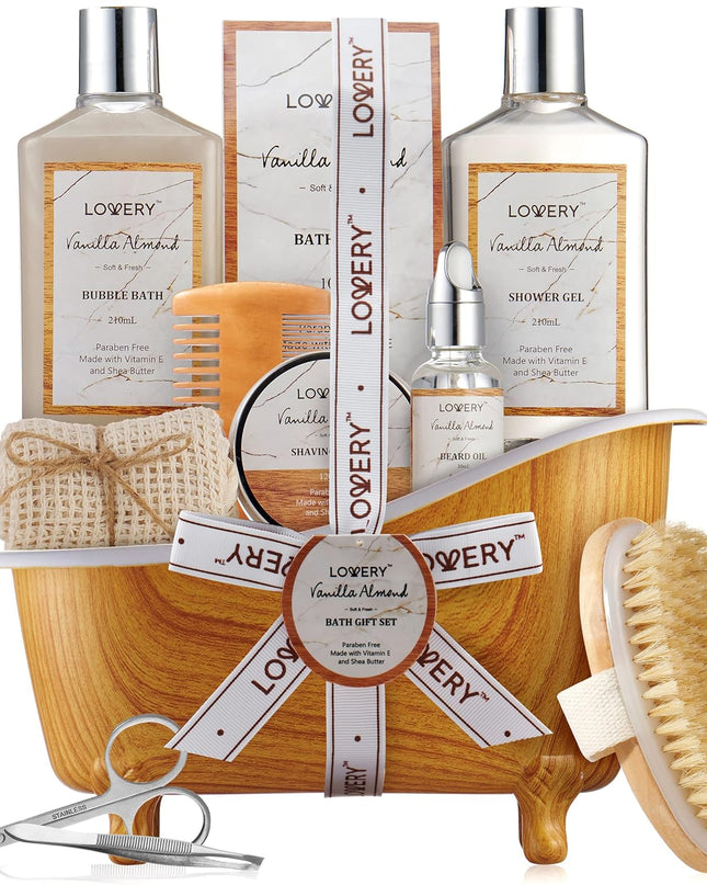 Christmas Gifts for Men, Spa Gift for Him, Dad, Mens, Husband - 11pc Vanilla Almond Unique Grooming Self Care Baskets, Bath and Body Beauty & Personal Beard Care Gifts for Men Who Have Everything