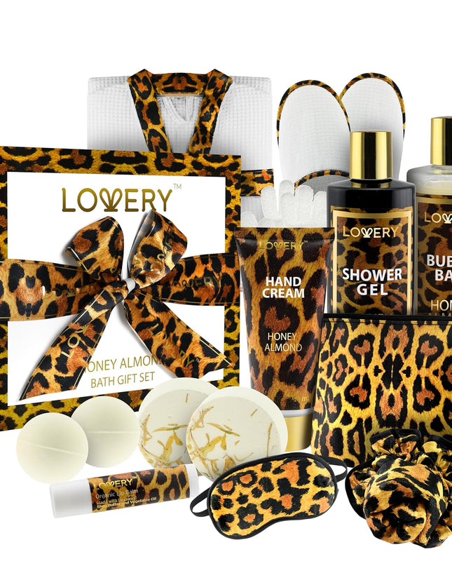 Christmas Gifts At-Home Spa Kit with Honey Almond Scent – 17Pcs Relaxing Bath Gift Set with Vitamin E - Rich Bath Essentials - Bubble Bath, Hand Cream,Lip Balm, Bath Robe, Slippers, Shower Cap & More