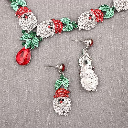 2 Pcs/Set Fashion Statement Bib Santa Claus Christmas Necklace Dangle Earring Costume Jewelry Set for Christmas Party Xmas Gift for Women