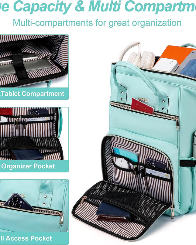 CAFELE Laptop Backpack for Women, Waterproof Travel Backpack Teacher Nurse Business Work College Bookbag, 17.3 inch Laptop Bag Wide Open Design Light Green
