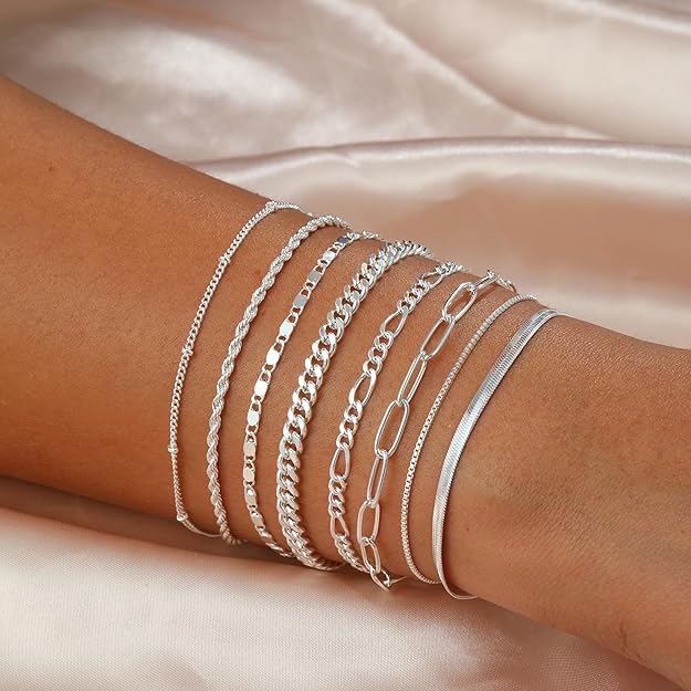 Kyerlyn Silver Gold Bracelets for Women Waterproof, 14K Real Gold Jewelry Sets for Women Trendy Dainty Stackable Cuban Link Paperclip Chain Bracelet