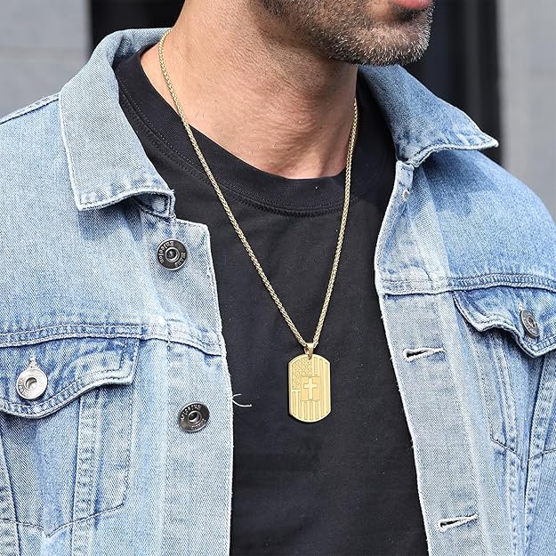 DuoDiner American Dog Tag Necklace Bible Verse Pendant, Men Boys Kids Stainless Steel Cross Patriotic Flag Christmas Jewelry Gift 24 Inches Chain