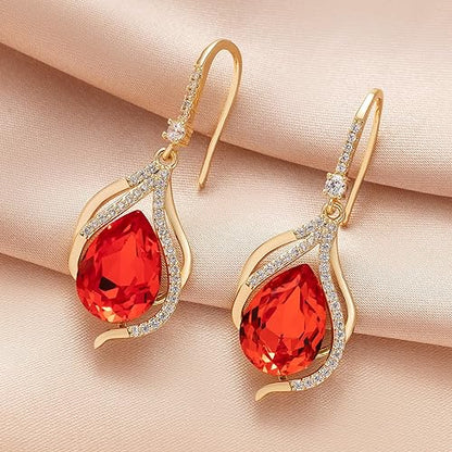 Austrian Crystal Hollow Teardrop Halo Drop Twisted Dangle Earrings for Women 14K Rose Gold Plated