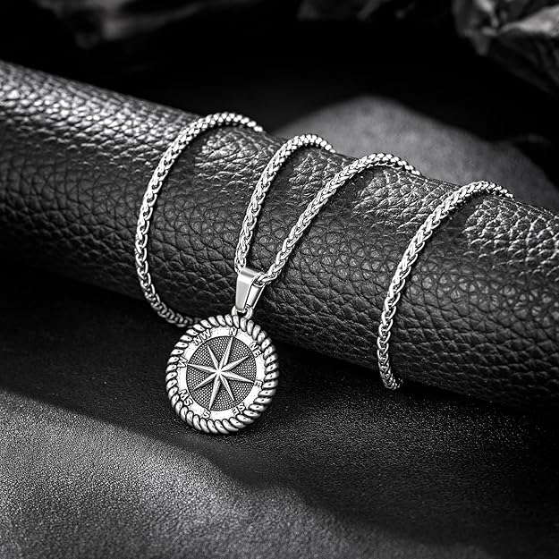 murtoo Compass Necklace for Men Women, Stainless Steel Necklace with Compass Coin Pendant, Gold Silver Mens Necklace Gift Ideal