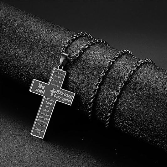 Bible Verse Cross Necklace for Men, Stainless Steel Cross Pendant Rope Chain Necklace Gifts for Boys