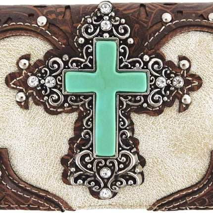 Western Style Rhinestone Cross Conchos Studded Women Purse Tooled Leather Handbag Country Shoulder Bag Trifold Wallet Set