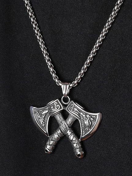 HAQUIL Viking Battle Axe Necklace, Norse Wolf Raven Axe Amulet Pendant, Viking Jewelry Gift for Men
