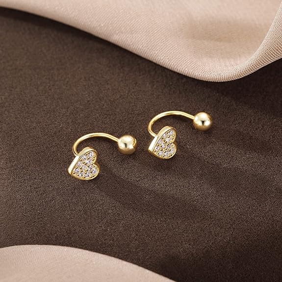 SLUYNZ Sterling Silver Small CZ Heart Half Hoop Earrings for Women Teen Girls Love Half Hoop Earrings Cartilage Helix Piercing Ball Studs