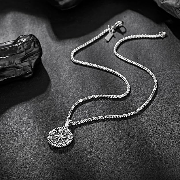 murtoo Compass Necklace for Men Women, Stainless Steel Necklace with Compass Coin Pendant, Gold Silver Mens Necklace Gift Ideal
