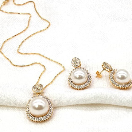 Lavencious Oval Dangle Jewelry Set Cream Color Pearl Necklace & Earrings Sets For Women Gold and Silver color