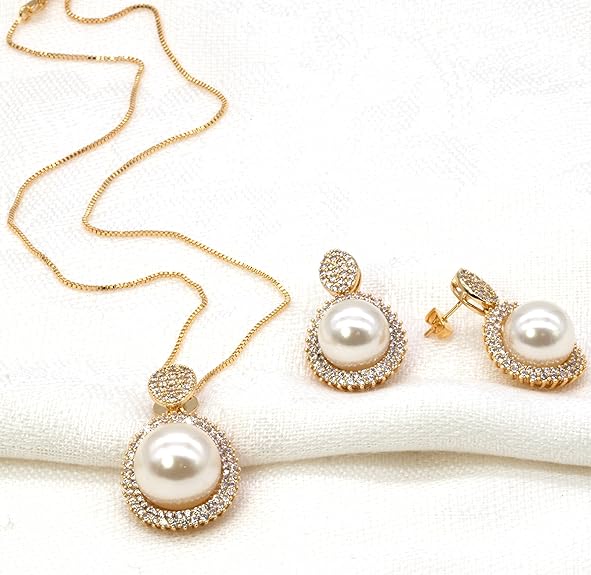 Lavencious Oval Dangle Jewelry Set Cream Color Pearl Necklace & Earrings Sets For Women Gold and Silver color