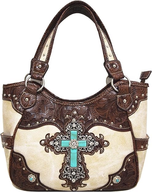 Western Style Rhinestone Cross Conchos Studded Women Purse Tooled Leather Handbag Country Shoulder Bag Trifold Wallet Set