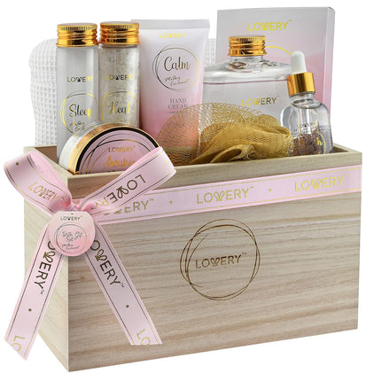 Christmas Gift Set - Home Spa Gift Basket with Milky Coconut Scent, Vitamin E & Shea Butter with Shower Gel, Bath Salt & Crystals, Body Scrub, Hand Cream, Body Oil, Bath Pillow, Wooden Crate & More