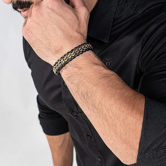 SERASAR | Premium Genuine Leather Bracelet [Steel] for Men in Black | Magnetic Stainless Steel Clasp in Black, Silver and Gold | Exclusive Jewelry Box | Great Gift Idea