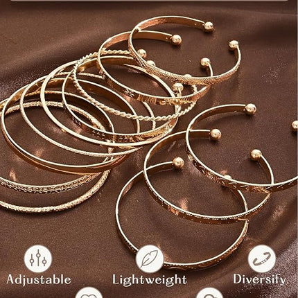 12Pcs Gold Bangle Bracelets for Women 14K Plated Adjustable Indian Boho Set