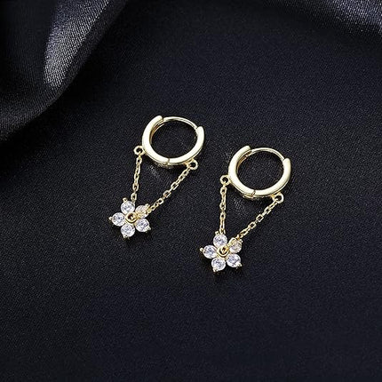 Reffeer Solid 925 Sterling Silver Flower Chain Drop Earrings Hoop for Women Teen Girls Huggie Hoop Dangle Earrings Chain