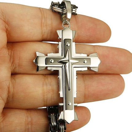 LOLIAS 5MM Stainless Steel Cross Pendant Necklace Men Byzantine Chain Necklace 22-30 Inches