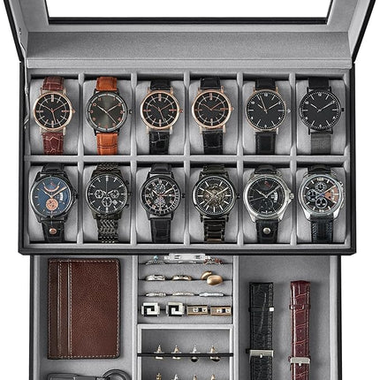 SONGMICS 12-Slot Watch Box, Lockable Watch Case with Glass Lid, 2 Layers, with 1 Drawer for Rings, Bracelets,Christmas Gift, Black Synthetic Leather, Gray Lining UJWB012