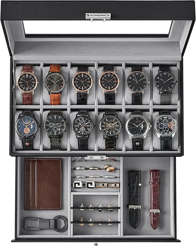 SONGMICS 12-Slot Watch Box, Lockable Watch Case with Glass Lid, 2 Layers, with 1 Drawer for Rings, Bracelets,Christmas Gift, Black Synthetic Leather, Gray Lining UJWB012