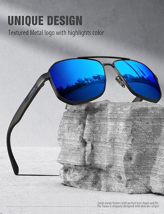 LUENX Aviator Sunglasses for Men Square Polarized Polygon Lens - UV 400 Protection with Accessories 61MM Driving Outdoor