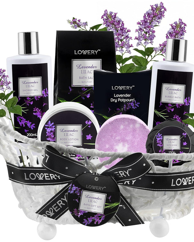 Christmas Gift Basket Bath and Body Gifts for Men – Spa GiftBaskets for Women, Lavender Lilac Spa Kit, Bubble Bath,Bath Bomb, Shower Gel, Potpourri, Handmade Basket &More, Self Care Gifts for Women