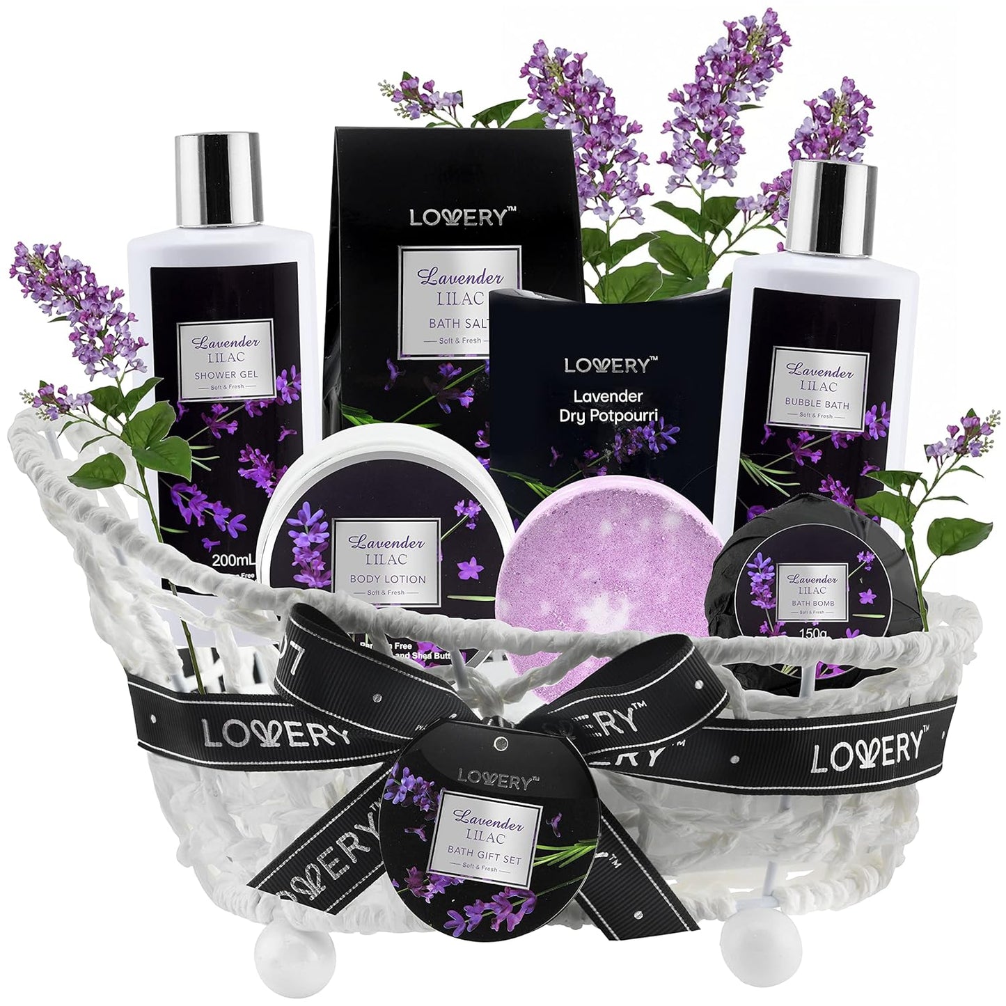 Christmas Gift Basket Bath and Body Gifts for Men – Spa GiftBaskets for Women, Lavender Lilac Spa Kit, Bubble Bath,Bath Bomb, Shower Gel, Potpourri, Handmade Basket &More, Self Care Gifts for Women