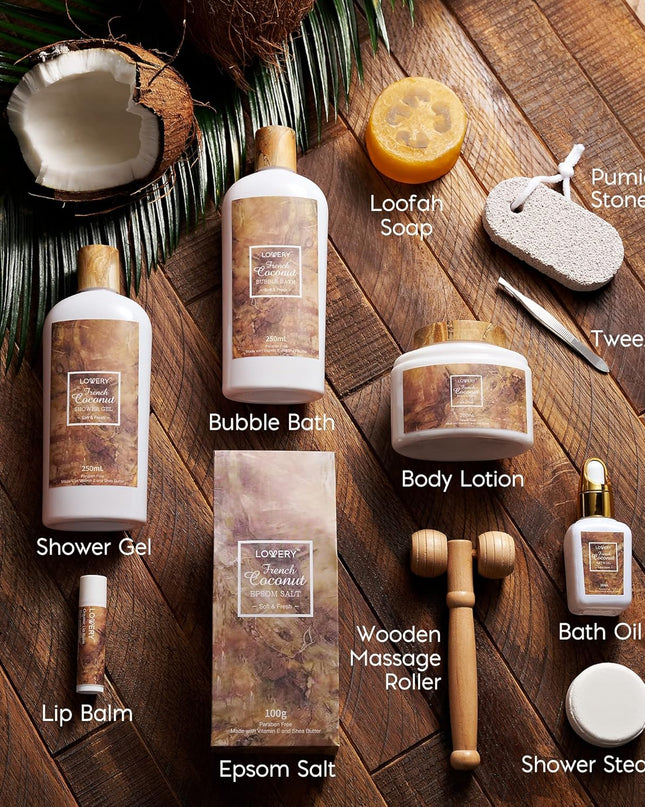 French Coconut Christmas Gift Baskets, Stress Relief Gifts, Gift Basket for Women & Men, Care Package Thank You Spa Gift Baskets for Women, Pumice Stone, Bubble Bath, Epsom Salt, Massage Roller More