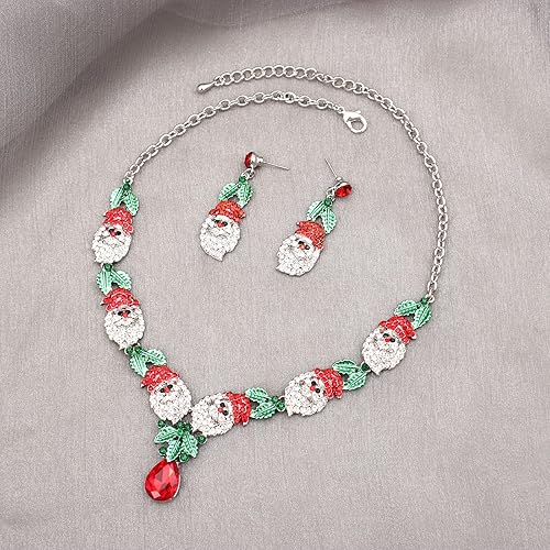 2 Pcs/Set Fashion Statement Bib Santa Claus Christmas Necklace Dangle Earring Costume Jewelry Set for Christmas Party Xmas Gift for Women