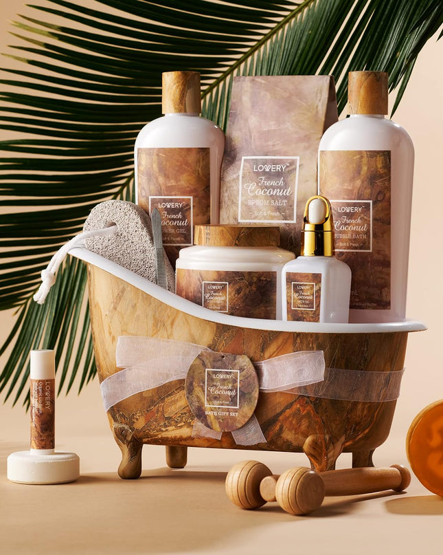 French Coconut Christmas Gift Baskets, Stress Relief Gifts, Gift Basket for Women & Men, Care Package Thank You Spa Gift Baskets for Women, Pumice Stone, Bubble Bath, Epsom Salt, Massage Roller More