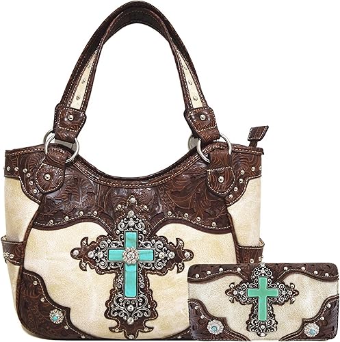 Western Style Rhinestone Cross Conchos Studded Women Purse Tooled Leather Handbag Country Shoulder Bag Trifold Wallet Set