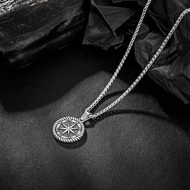murtoo Compass Necklace for Men Women, Stainless Steel Necklace with Compass Coin Pendant, Gold Silver Mens Necklace Gift Ideal