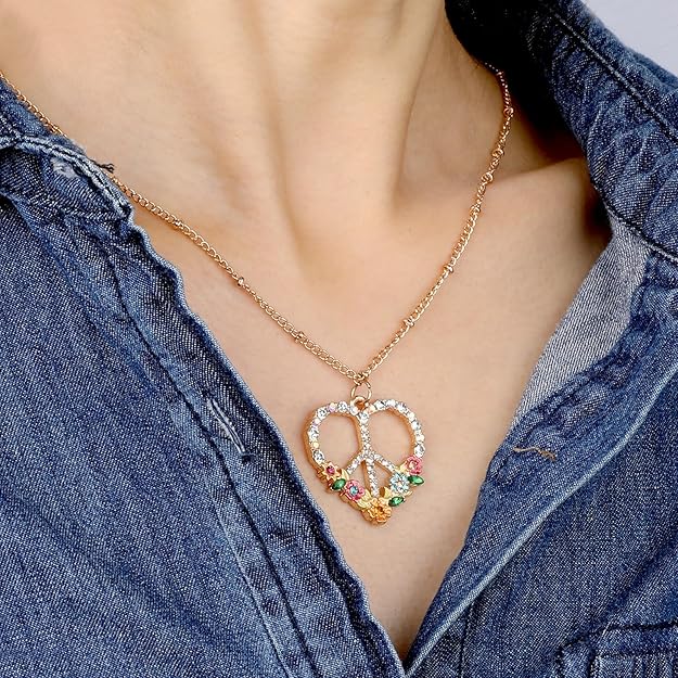 Peace Sign Heart CZ New Beginnings Lotus Necklace for Women, Heart Pendant Necklaces Flower Diamond Zirconia Love Necklace, Silver Rose Gold Chain Birthday Valentines Day Jewelry Gifts