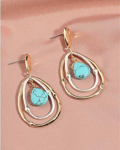 Turquoise Gold Hoop Earrings for Women,Turquoise Large Oval Drop Dangle Western Stylish Silver Earrings Jewelry