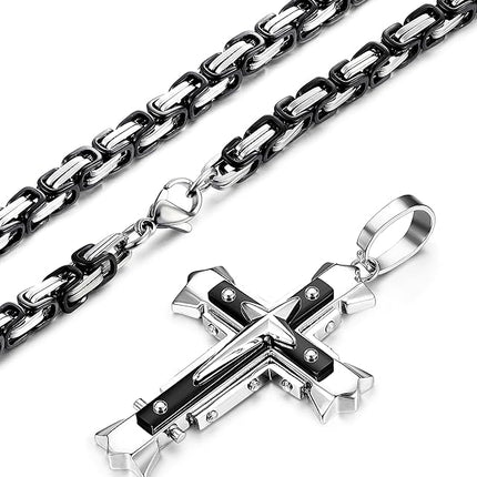 LOLIAS 5MM Stainless Steel Cross Pendant Necklace Men Byzantine Chain Necklace 22-30 Inches