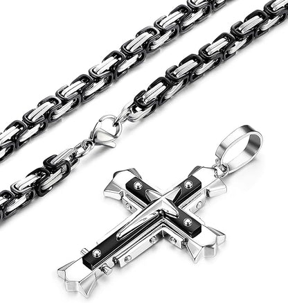 LOLIAS 5MM Stainless Steel Cross Pendant Necklace Men Byzantine Chain Necklace 22-30 Inches