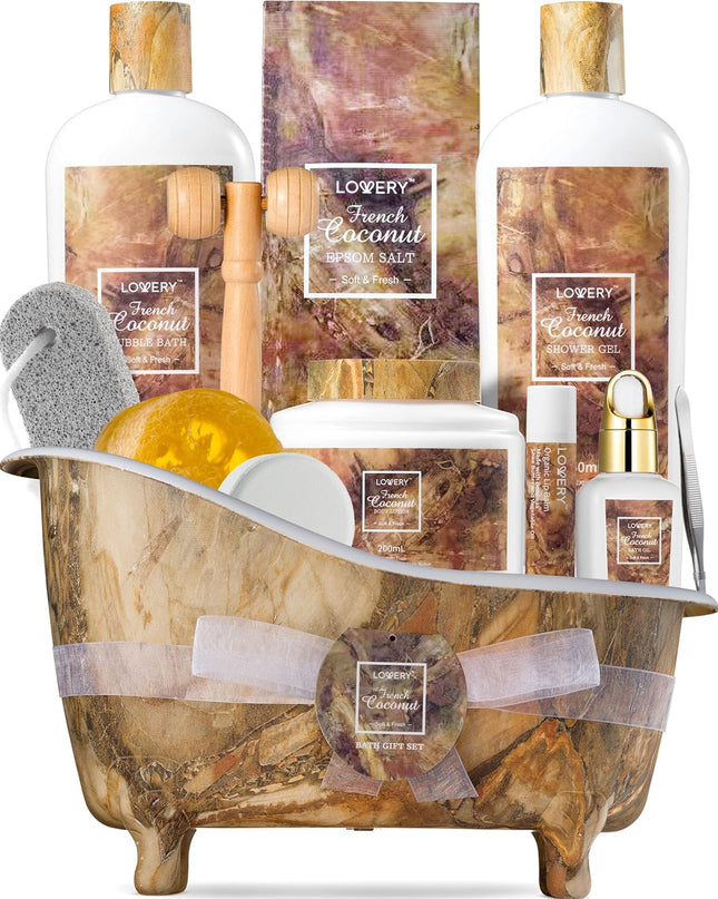 French Coconut Christmas Gift Baskets, Stress Relief Gifts, Gift Basket for Women & Men, Care Package Thank You Spa Gift Baskets for Women, Pumice Stone, Bubble Bath, Epsom Salt, Massage Roller More