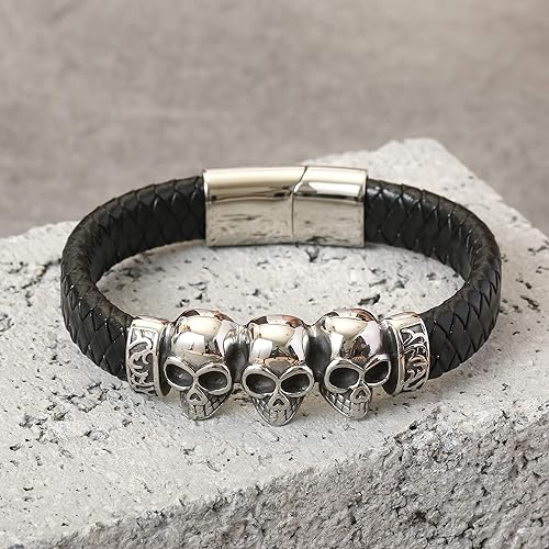Men's Leather Bracelets Layered Leather Wristbands Cuffs Stainless Steel Clasp Boho Style