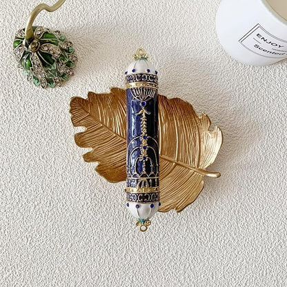 Mezuzah, Exquisite Black and Gold Enamel Mezuzah with Blue Crystal Accent