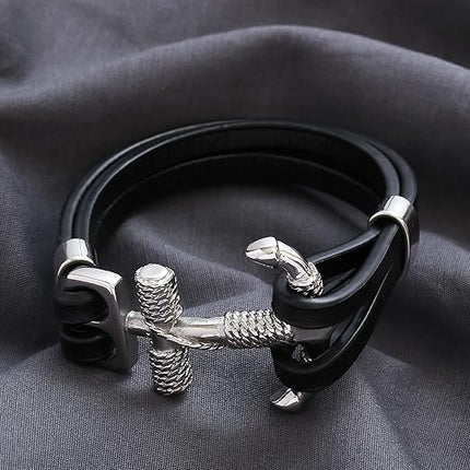 HAQUIL Double Layer Black Leather Bracelet for Men