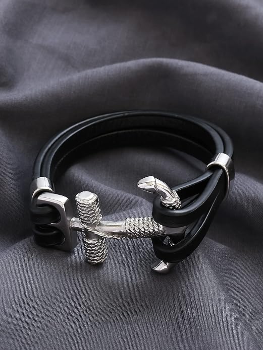 HAQUIL Double Layer Black Leather Bracelet for Men
